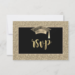Chic Gold Glitter Grad Cap Graduation Party RSVP Card