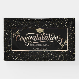 Chic Gold Glitter Graduate Cap, Confetti Black Banner