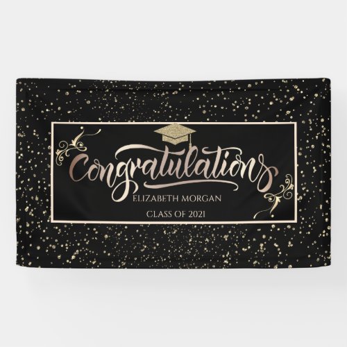 Chic Gold Glitter Graduate Cap Confetti  Black Banner