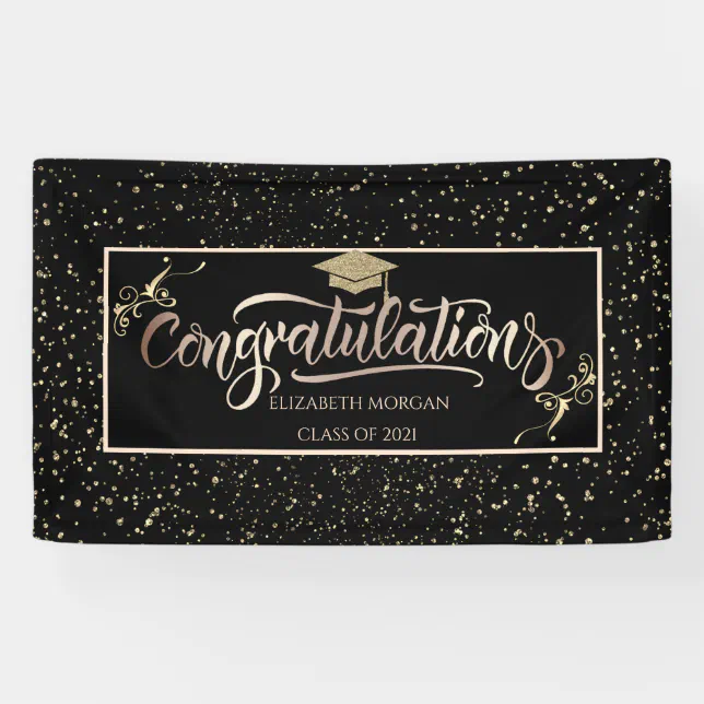 Chic Gold Glitter Graduate Cap, Confetti Black Banner | Zazzle