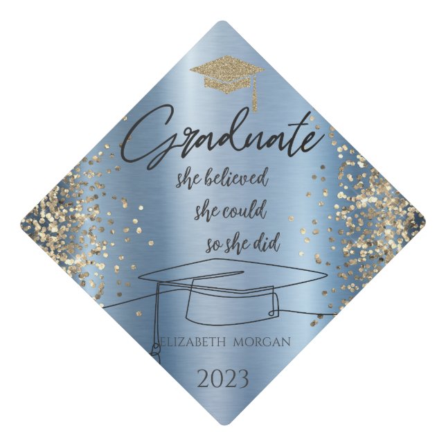 Chic Gold Glitter Graduate Cap,Dots Blue Graduation Cap Topper (Front)