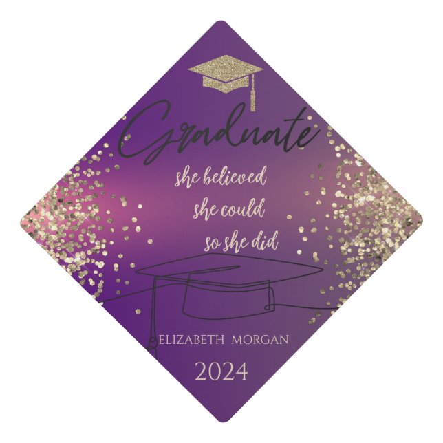 Chic Gold Glitter Graduate Cap,Dots Purple Graduation Cap Topper (Front)