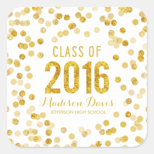 Chic Gold Glitter Graduation Square Sticker (Front)