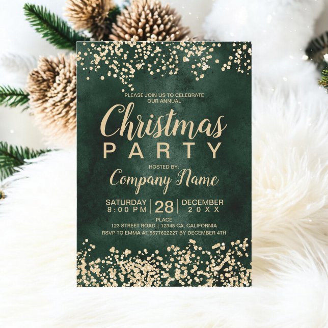 Chic gold glitter green corporate Christmas party Invitation (Chic gold glitter green corporate Christmas party Invitation)