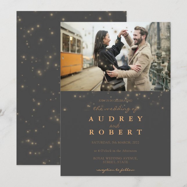 Chic Gold Glitter Grey Photo Wedding Invitation (Front/Back)
