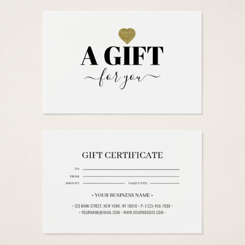 Chic Gold Glitter Heart Gift Certificate Card
