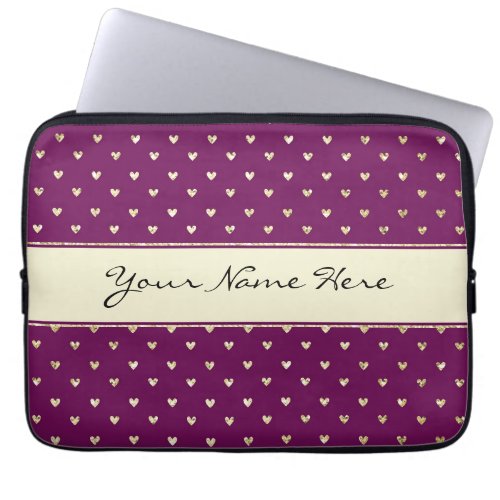 Chic Gold Glitter Hearts on Purple Laptop Sleeve