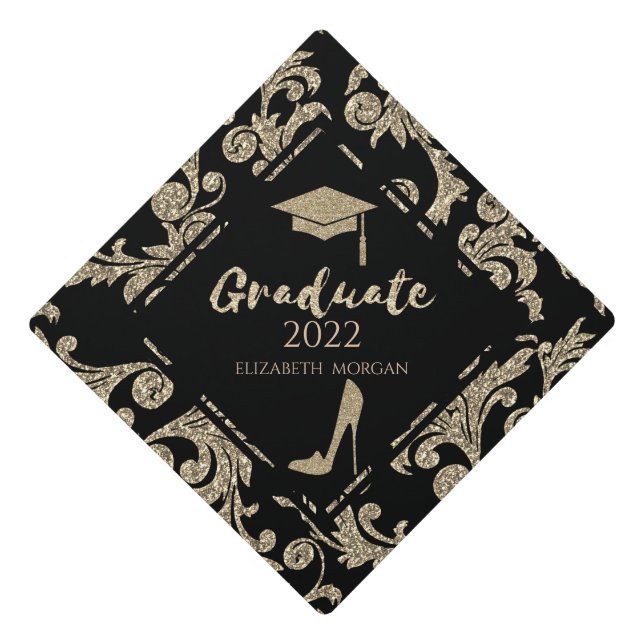 Chic Gold Glitter High Heels,Graduate Cap ,Swirls (Front)