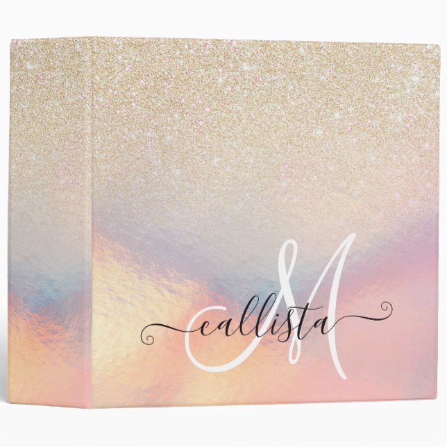 Chic Gold Glitter Iridescent Holographic Gradient 3 Ring Binder (Front/Spine)