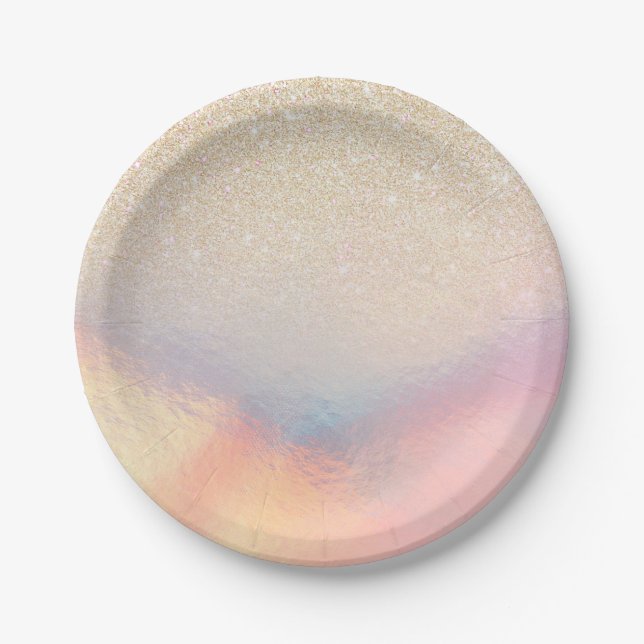 Chic Gold Glitter Iridescent Holographic Gradient Paper Plates (Front)