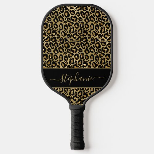 Chic Gold Glitter Leopard Animal Print Monogram Pickleball Paddle