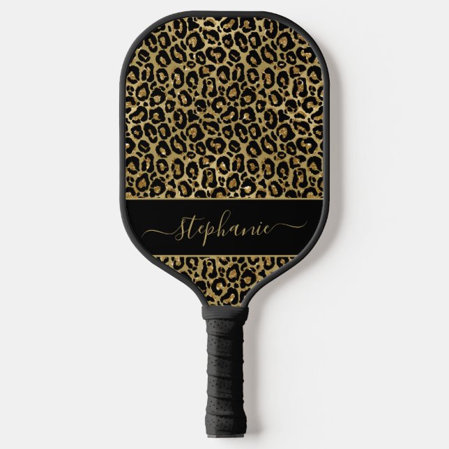 Chic Gold Glitter Leopard Animal Print Monogram Pickleball Paddle (Front)
