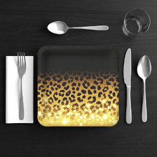 Chic Gold Glitter Leopard Print Pattern Paper Plates