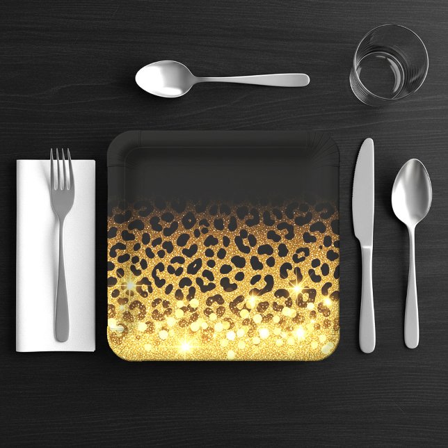 Chic Gold Glitter Leopard Print Pattern Paper Plates (Creator Uploaded)