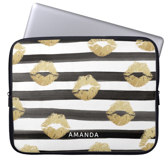 Chic Gold Glitter Lips & Black Stripes Monogram Laptop Sleeve (Front)