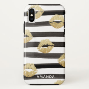 Chic Gold Glitter Lips & Stripes Monogram iPhone XS Case