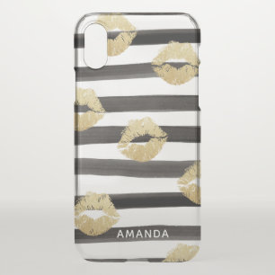 Chic Gold Glitter Lips & Stripes Monogram iPhone XS Case