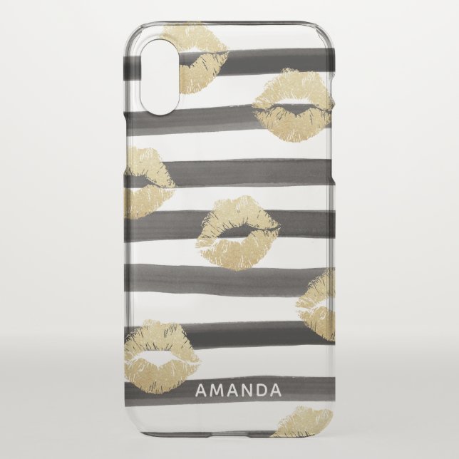 Chic Gold Glitter Lips & Stripes Monogram Uncommon iPhone Case (Back)