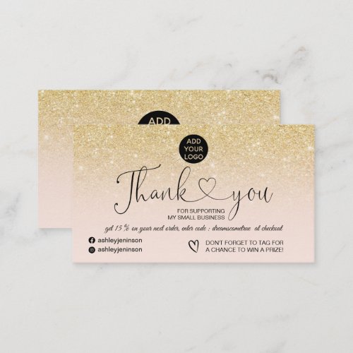 Chic gold glitter logo blush pink order thank you business card
