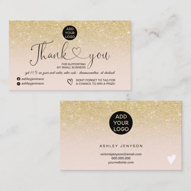Chic gold glitter logo blush pink order thank you business card | Zazzle