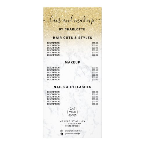 Chic gold glitter marble hair makeup price rack card