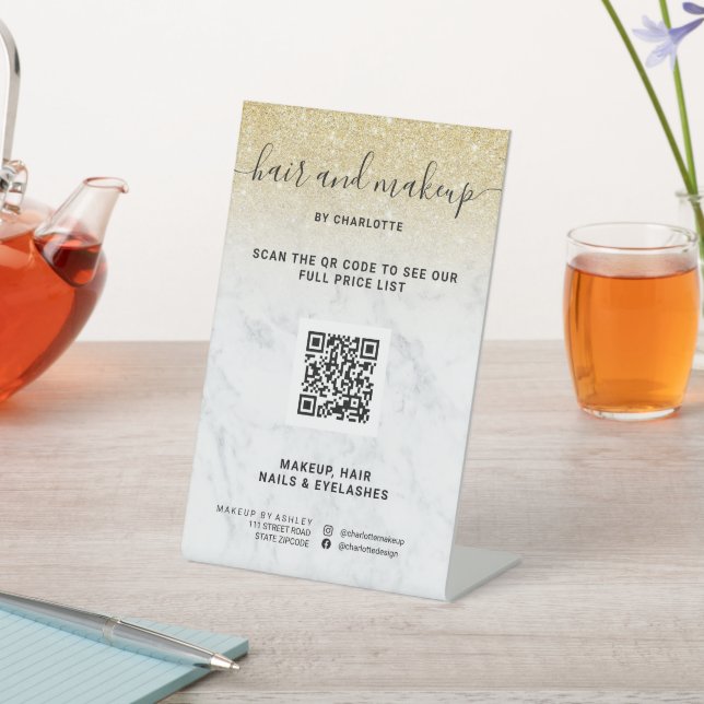 Chic gold glitter marble makeup digital QR price Pedestal Sign (In SItu)