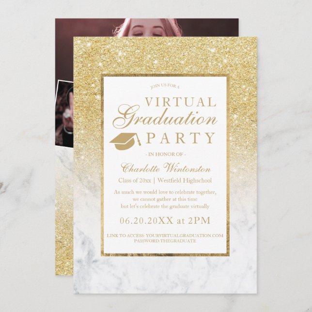 Chic gold glitter marble photos virtual Graduation Invitation (Front/Back)