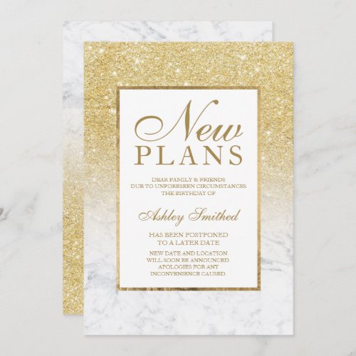 Chic gold glitter marble postponed new plans invitation