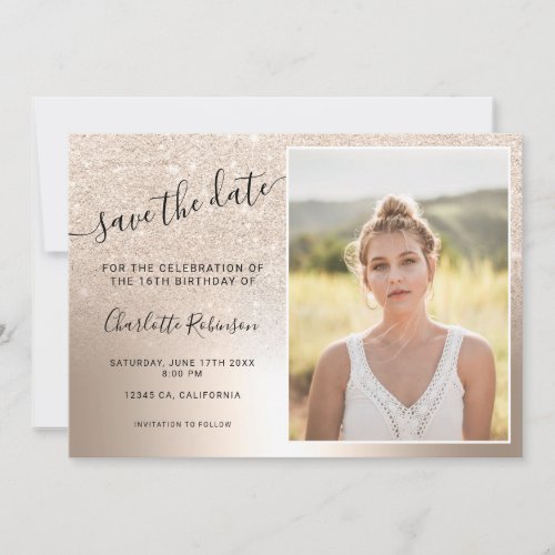 Chic gold glitter metallic ombre 3 photos Sweet 16 Save The Date