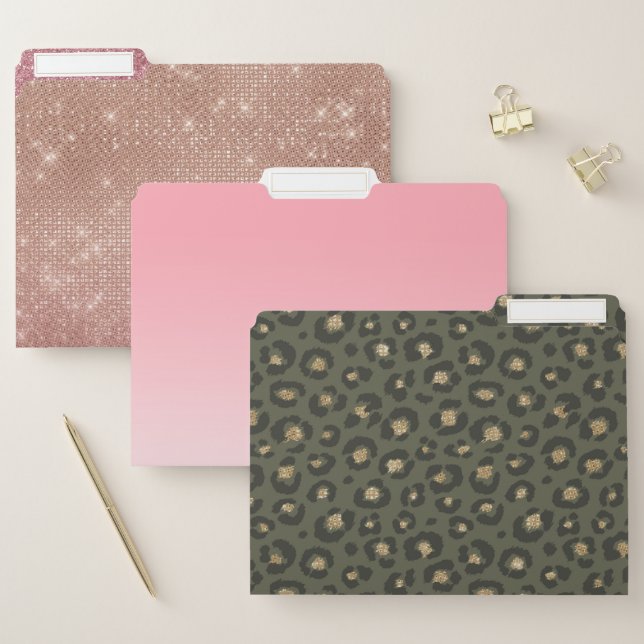 Chic Gold Glitter Military Green Leopard File Folder (Set)