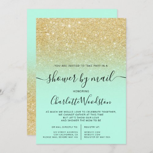 Chic gold glitter mint cancelled shower by mail invitation