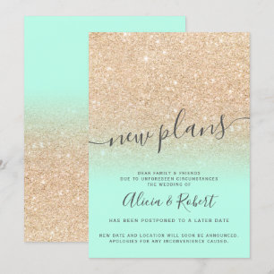 Chic gold glitter mint green postponed new plans invitation