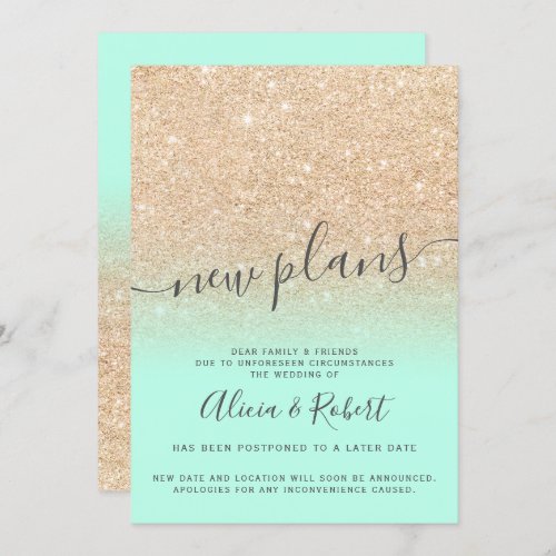 Chic gold glitter mint green postponed new plans invitation