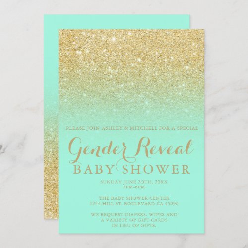 Chic gold glitter mint modern gender reveal baby invitation