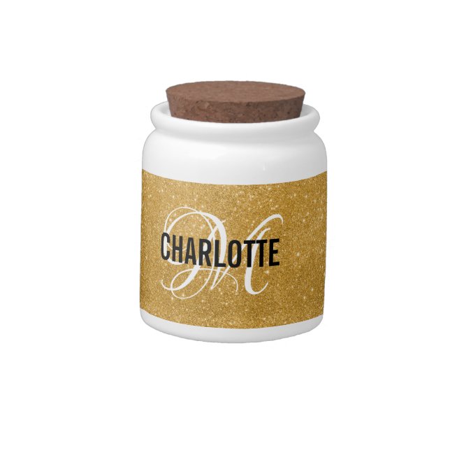 Chic gold glitter monogram name candy jar (Left)
