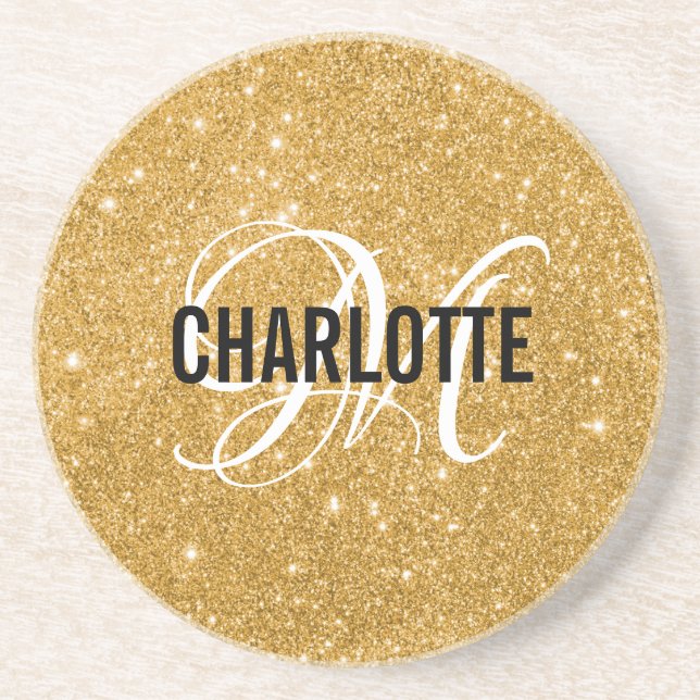 Chic gold glitter monogram name coaster (Front)