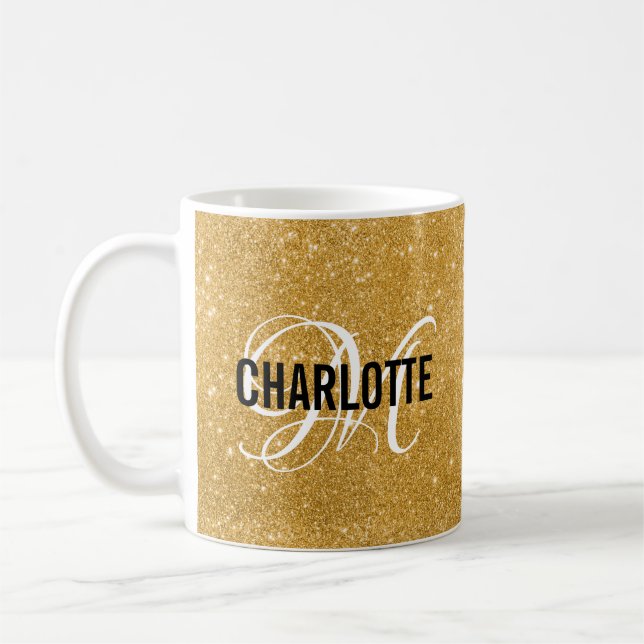 Chic gold glitter monogram name coffee mug (Left)
