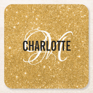 Chic gold glitter monogram name square paper coaster
