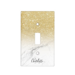 Chic gold glitter monogram trendy white marble light switch cover