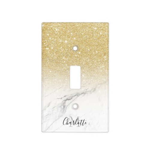 Chic gold glitter monogram trendy white marble light switch cover