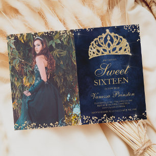 Chic gold glitter navy blue photo tiara Sweet 16 Invitation