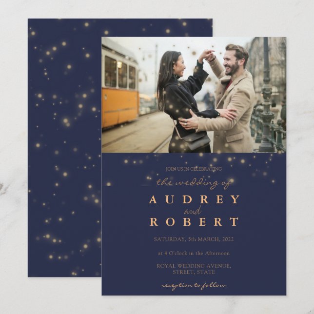 Chic Gold Glitter Navy Blue Photo Wedding Invitation (Front/Back)