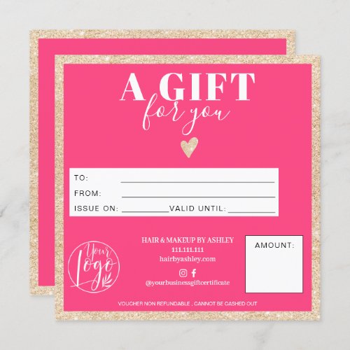 Chic gold glitter neon pink gift certificate logo