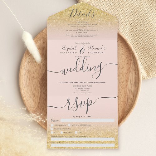 Chic gold glitter ombre blush pink script wedding all in one invitation