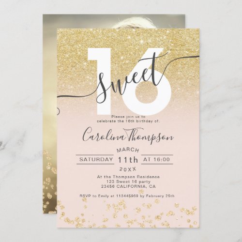 Chic gold glitter ombre blush Sweet 16 photo Invitation