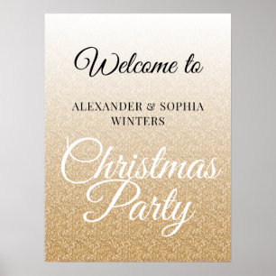 Chic Gold Glitter Ombre Christmas Party Welcome Poster