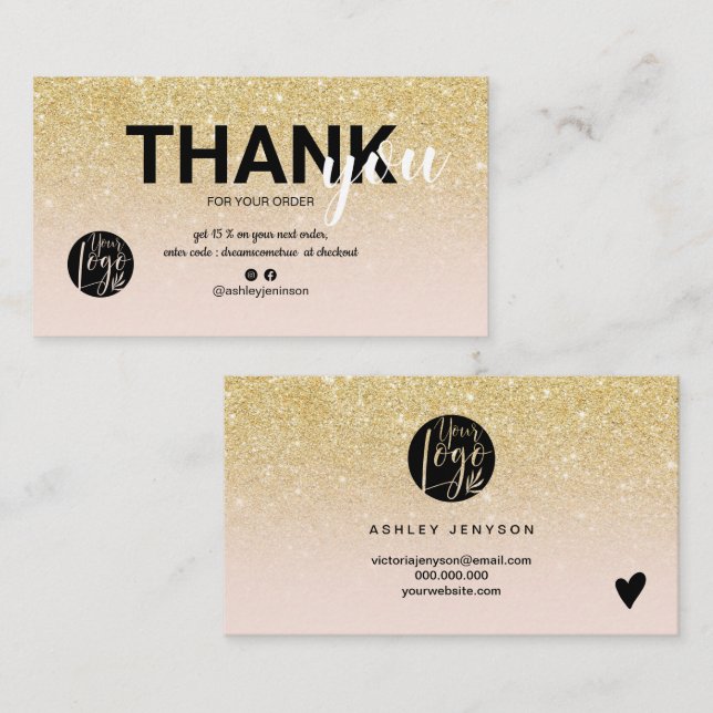 Chic gold glitter ombre cool logo order thank you business card (Front/Back)