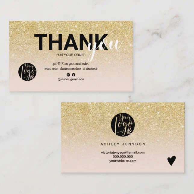 Chic gold glitter ombre cool logo order thank you business card | Zazzle
