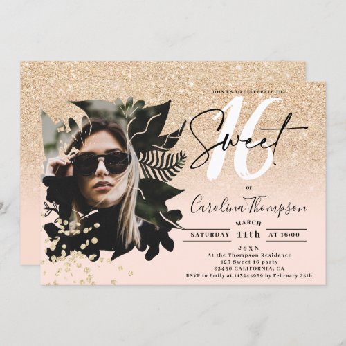 Chic gold glitter ombre floral pink photo Sweet 16 Invitation