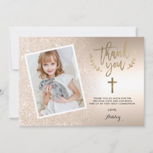 chic gold glitter ombre foil first communion photo thank you card